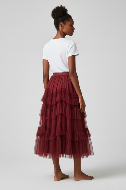 Jupe Longue Bordeaux Volants Élégante