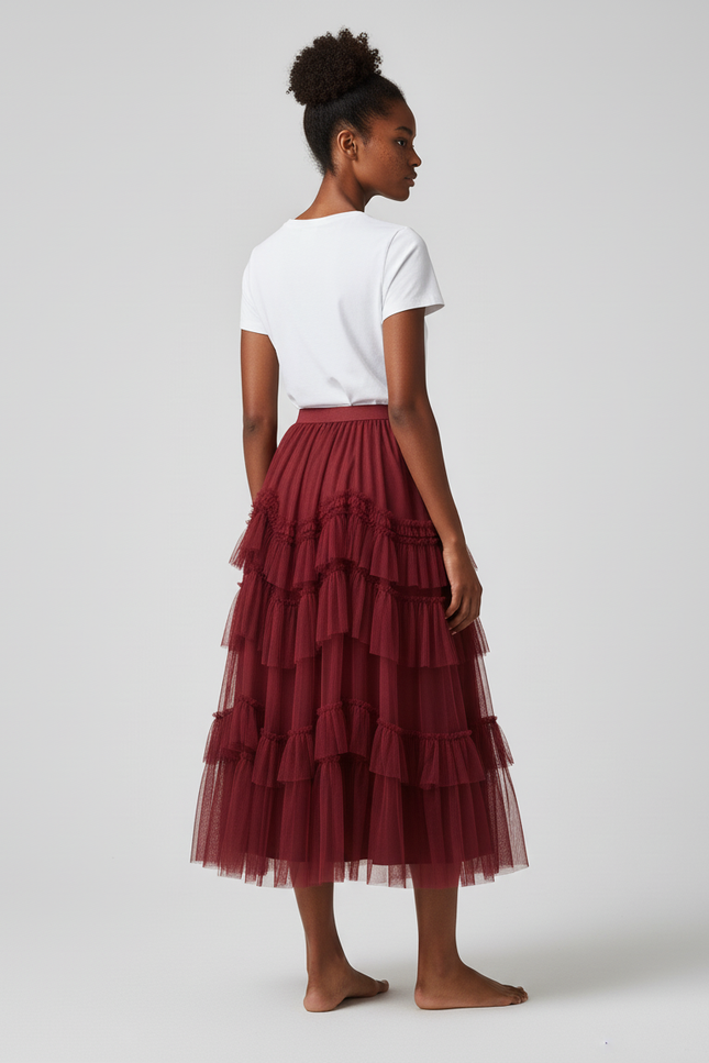 Jupe Longue Bordeaux Volants Élégante