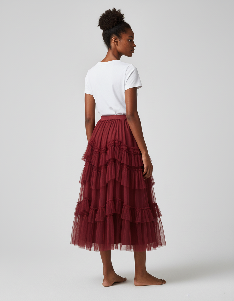 Jupe Longue Bordeaux Volants Élégante