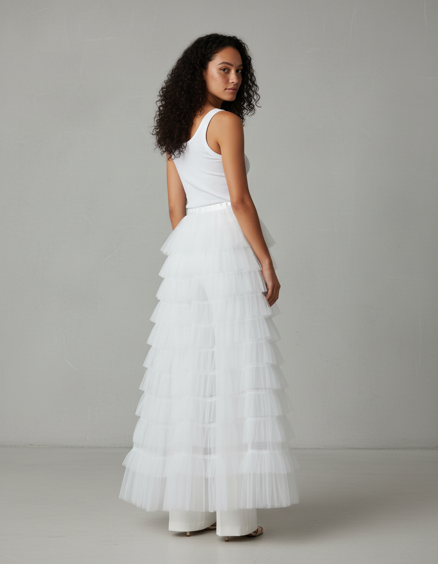 Jupe Longue Blanche Volants Tulle Élégante