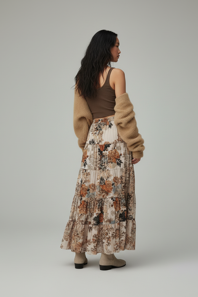 Jupe Longue Florale Étagée Fluide