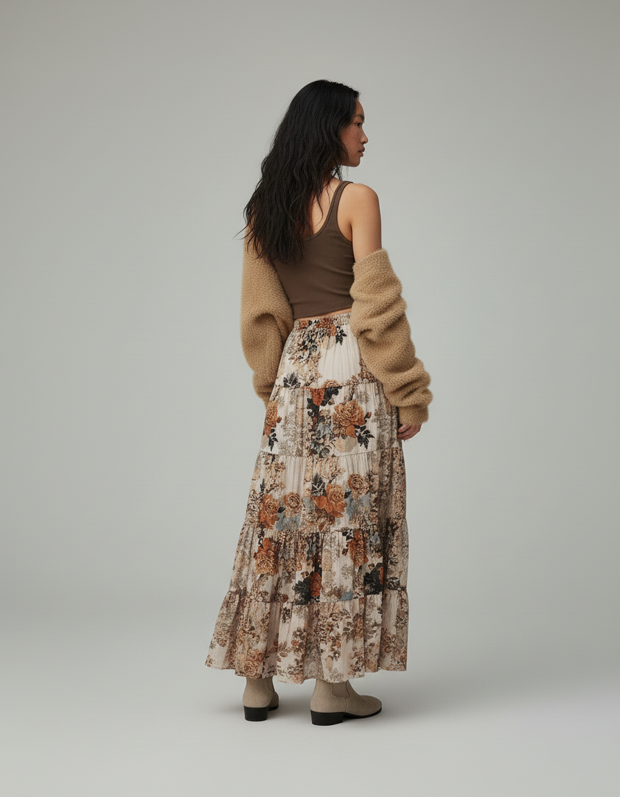 Jupe Longue Florale Étagée Fluide