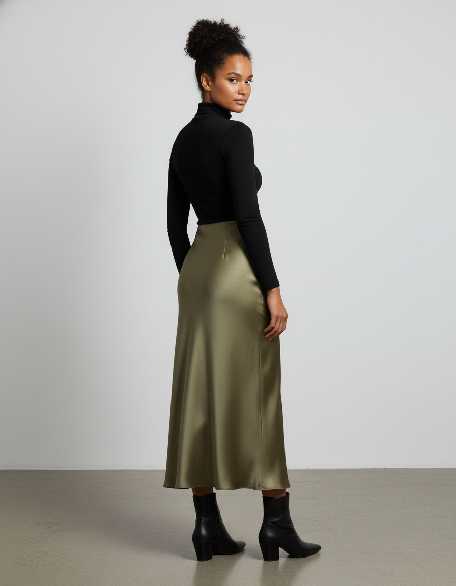 Jupe Longue Satin Kaki