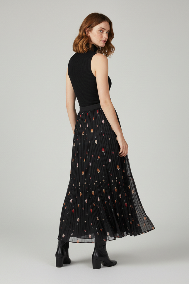 Jupe Longue Noire Florale Plissée