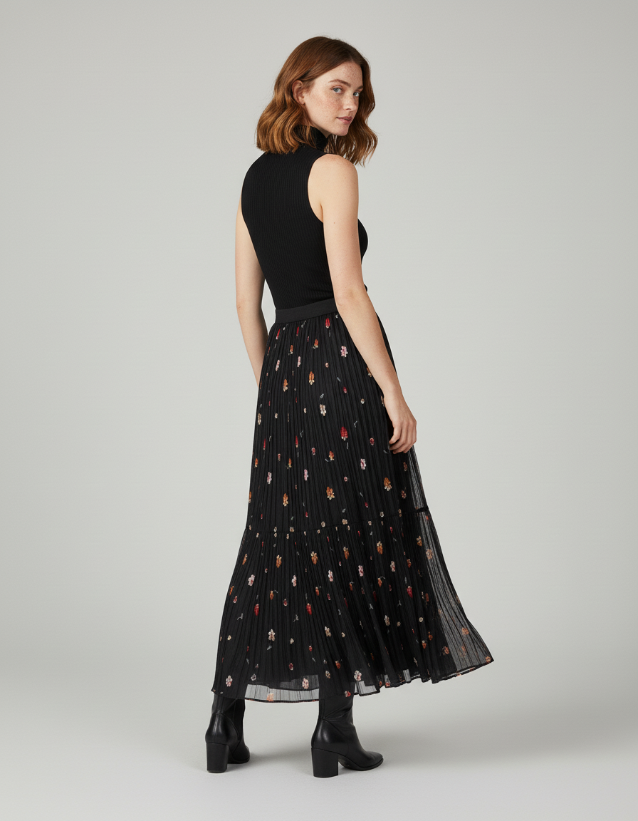 Jupe Longue Noire Florale Plissée