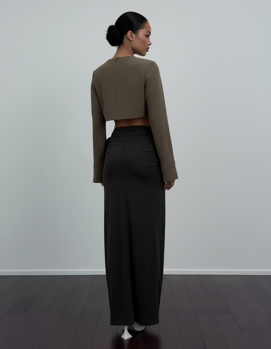 Jupe Longue Noire Froncée Fleurs Chic