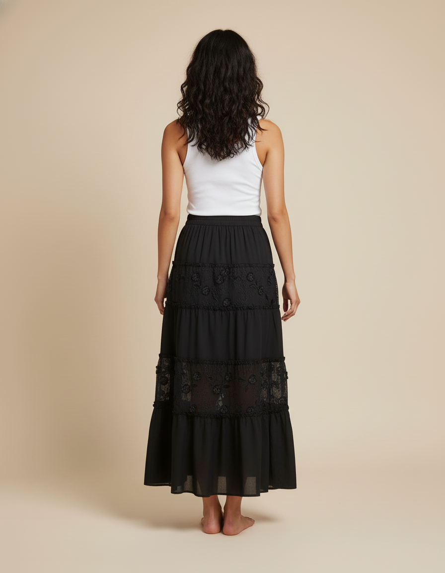 Jupe Longue Noire Brodée Élégante