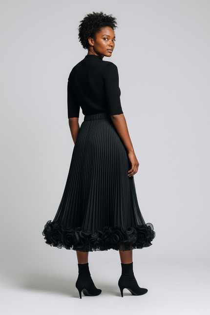 Jupe Longue Plissée Fleurs 3D Élégante