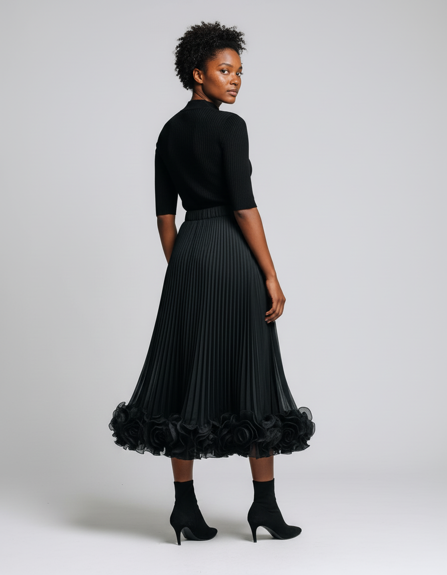 Jupe Longue Plissée Fleurs 3D Élégante