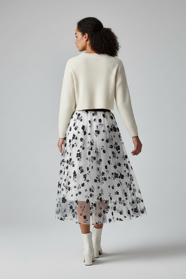 Jupe Longue Fleurie Noir Et Blanc