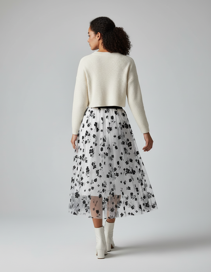 Jupe Longue Fleurie Noir Et Blanc