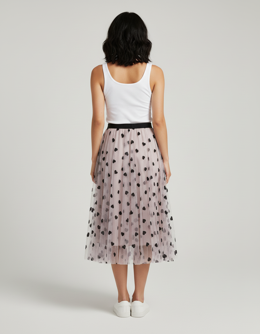 Jupe Longue Tulle Cœurs Plissée