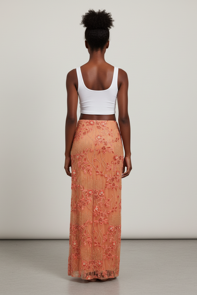 Jupe Longue Corail Brodée Élégante