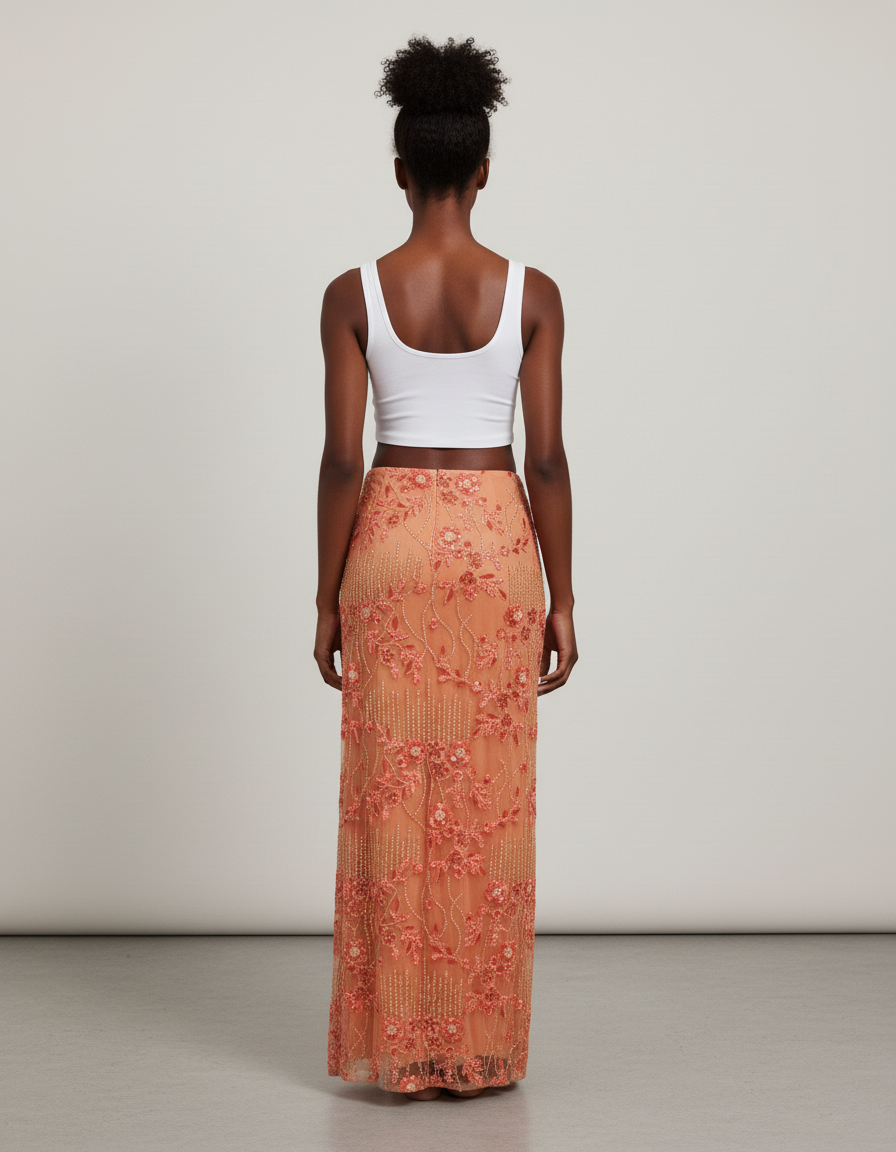Jupe Longue Corail Brodée Élégante