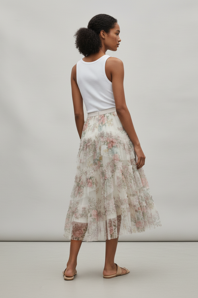 Jupe Longue Florale Élégante À Volants