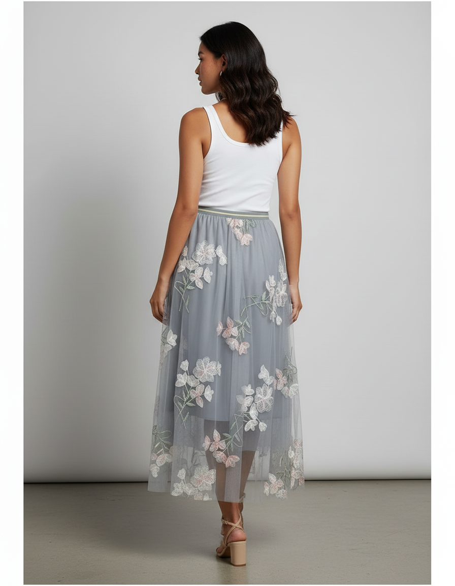 Jupe Longue Tulle Brodée Fleurie Élégante