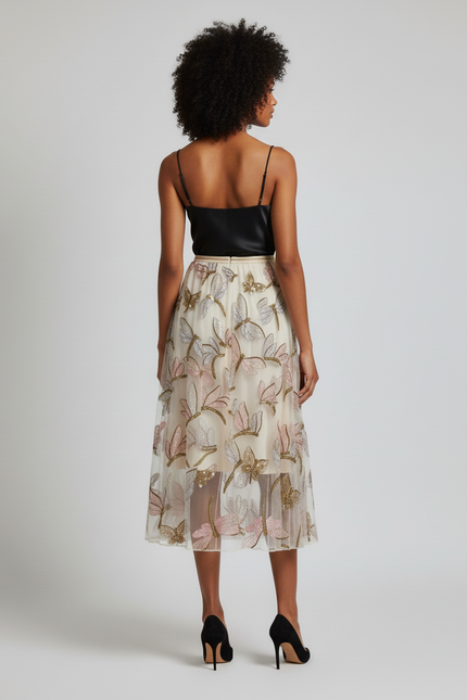 Jupe Longue Fluide Broderie Papillons