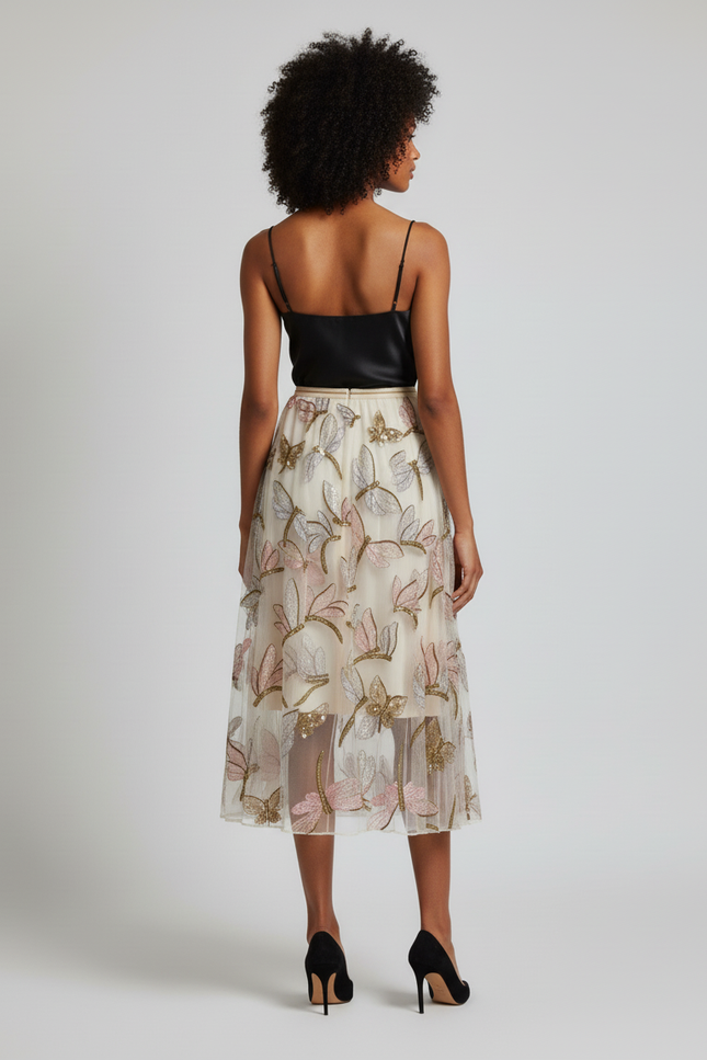 Jupe Longue Fluide Broderie Papillons