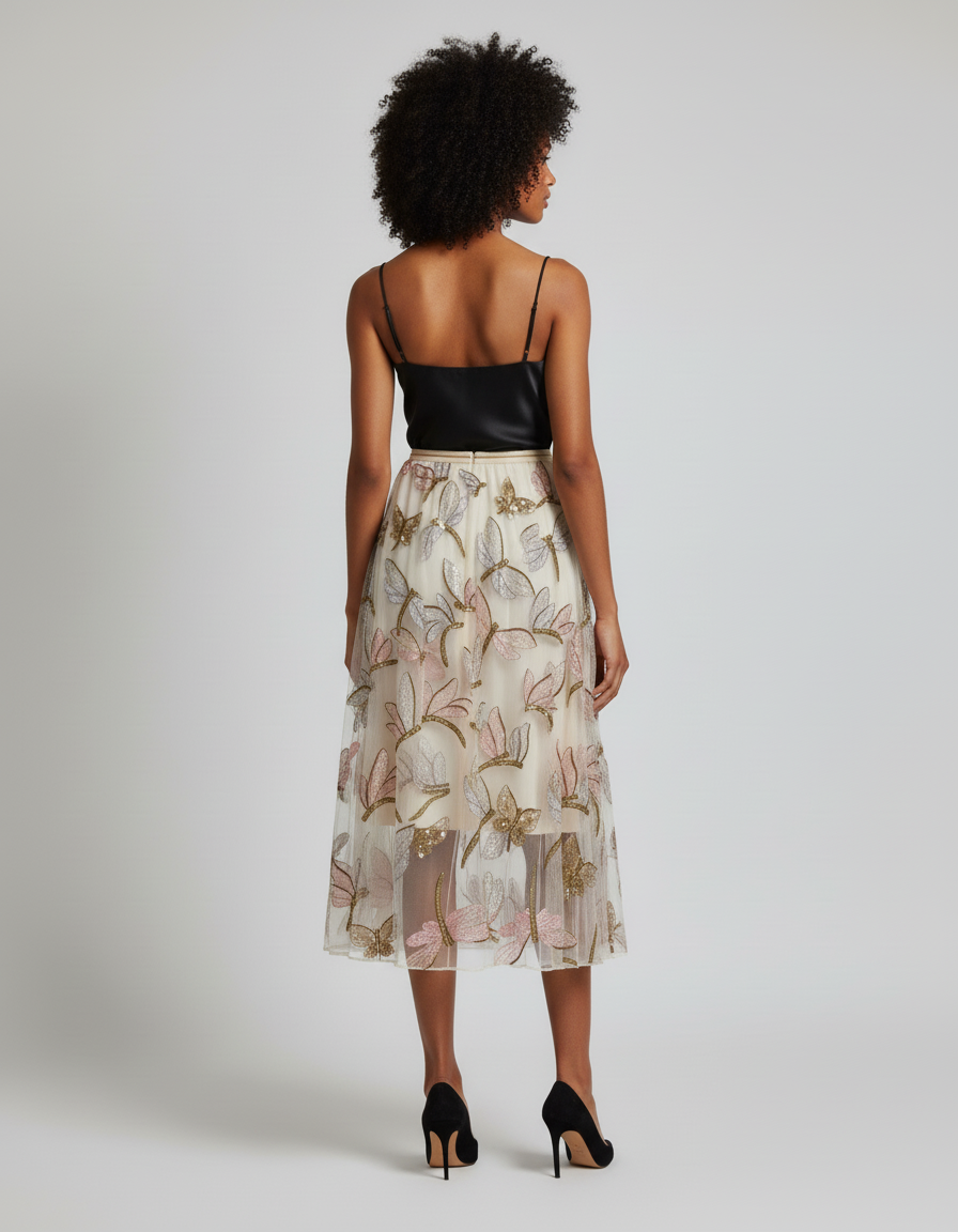 Jupe Longue Fluide Broderie Papillons