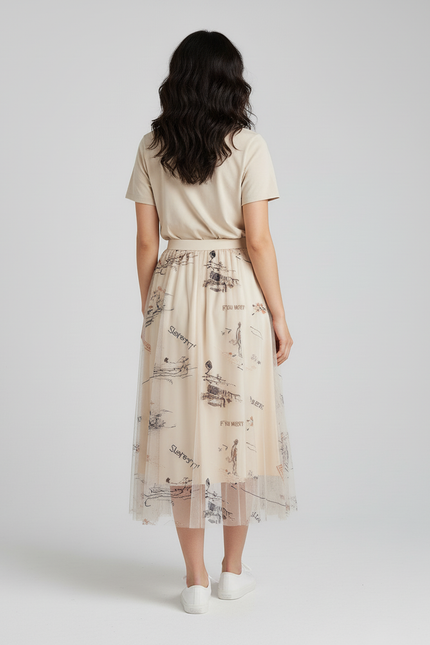 Jupe Longue Crème Imprimée Fluide