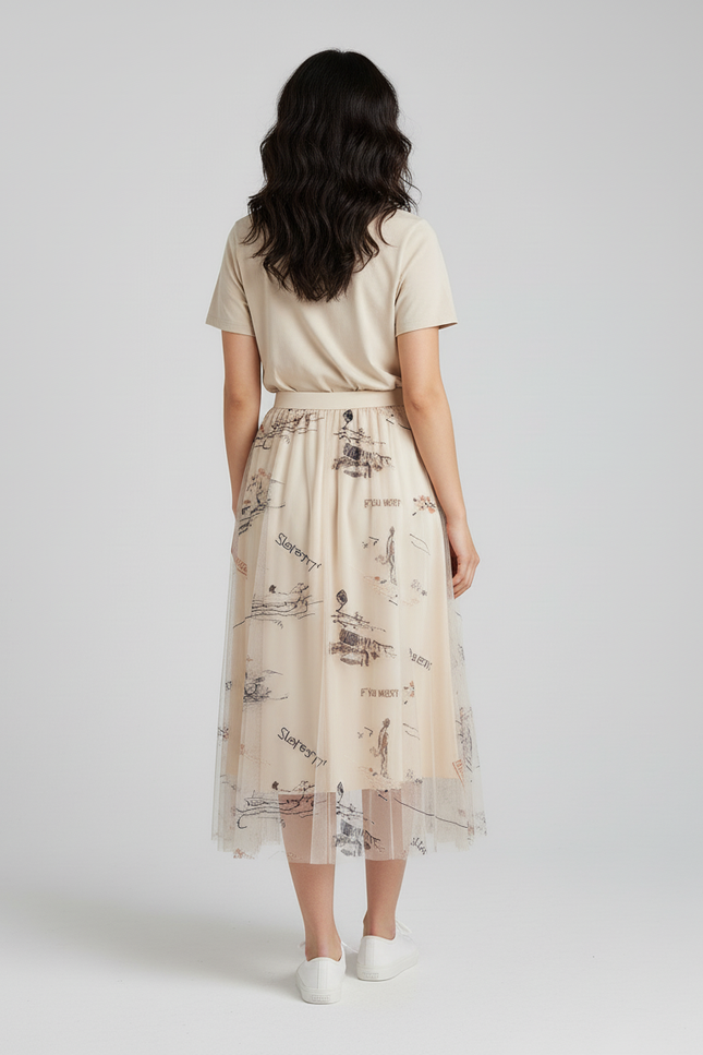 Jupe Longue Crème Imprimée Fluide