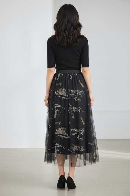 Jupe Longue Noire Brodée Élégante Mode