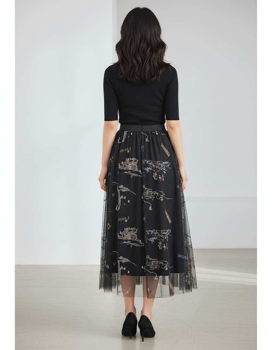 Jupe Longue Noire Brodée Élégante Mode