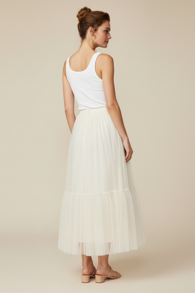 Jupe Longue Crème Tulle Plissée Élégante