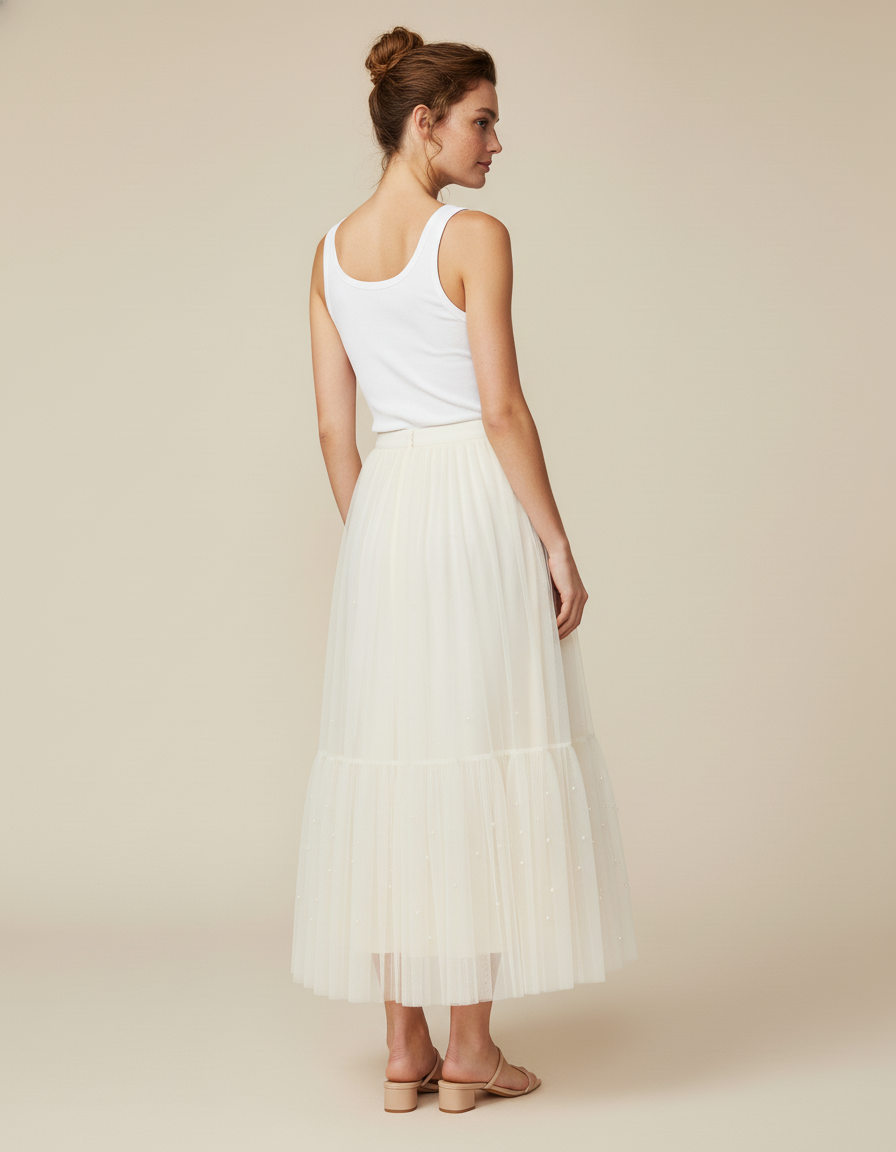 Jupe Longue Crème Tulle Plissée Élégante