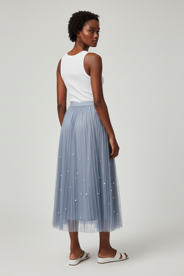 Jupe Longue Plissée Perles Élégante