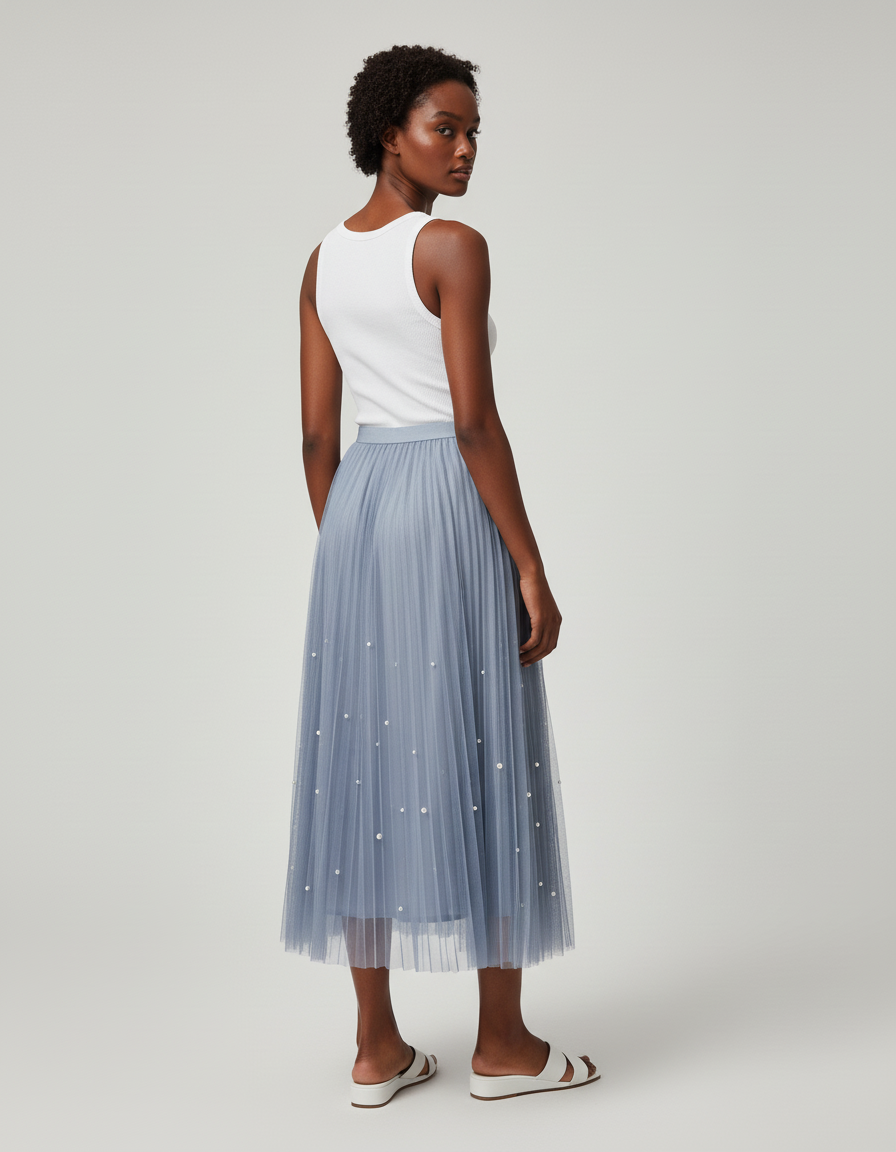 Jupe Longue Plissée Perles Élégante