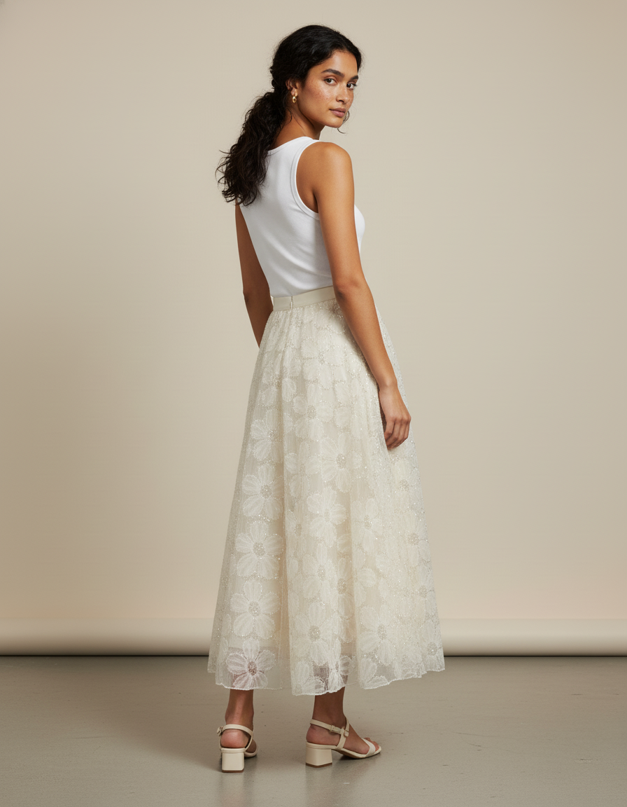 Jupe Longue Crème Brodée Florale Élégante
