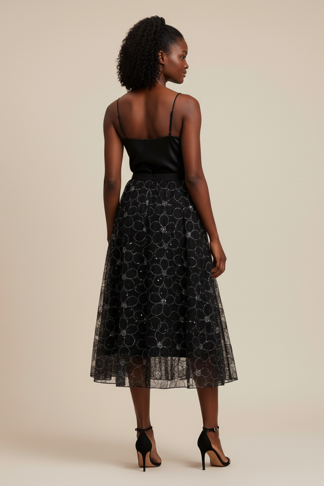 Jupe Longue Noire Brodée Élégante Femme