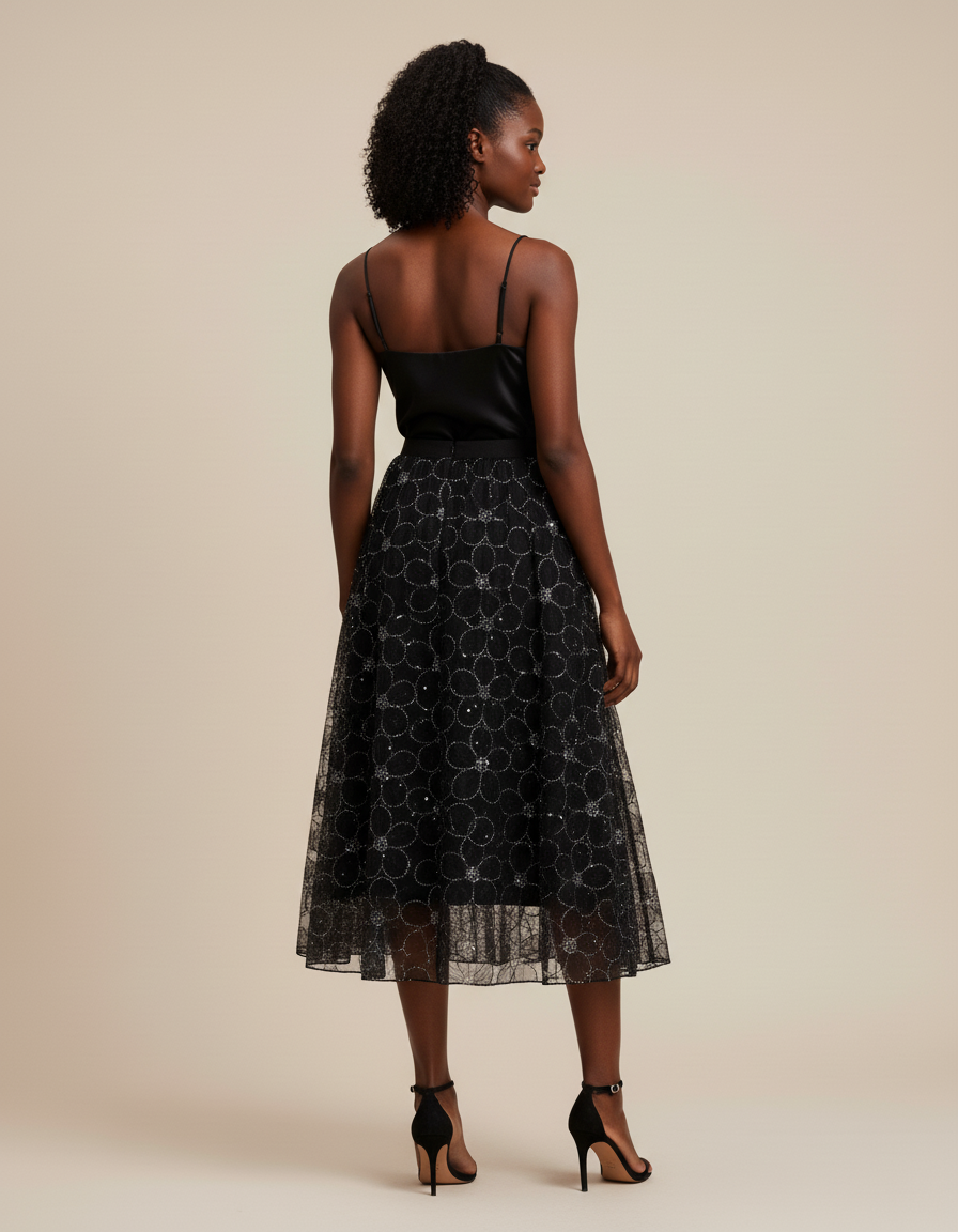 Jupe Longue Noire Brodée Élégante Femme