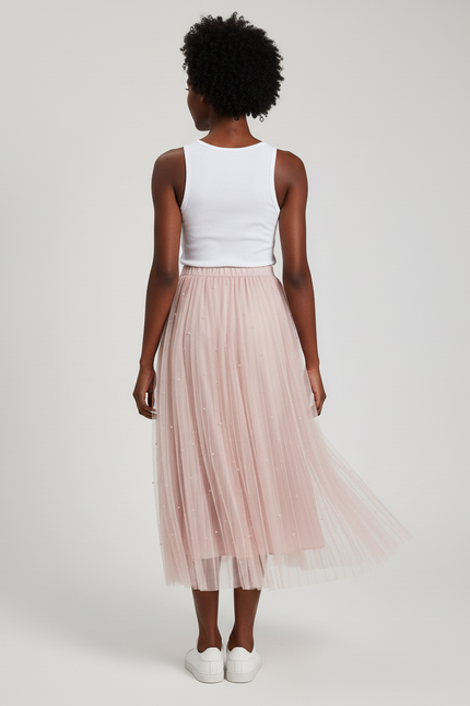 Jupe Longue Tulle Rose Perles Élégante