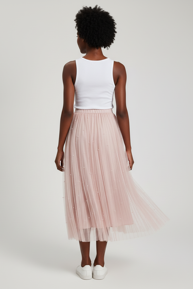 Jupe Longue Tulle Rose Perles Élégante