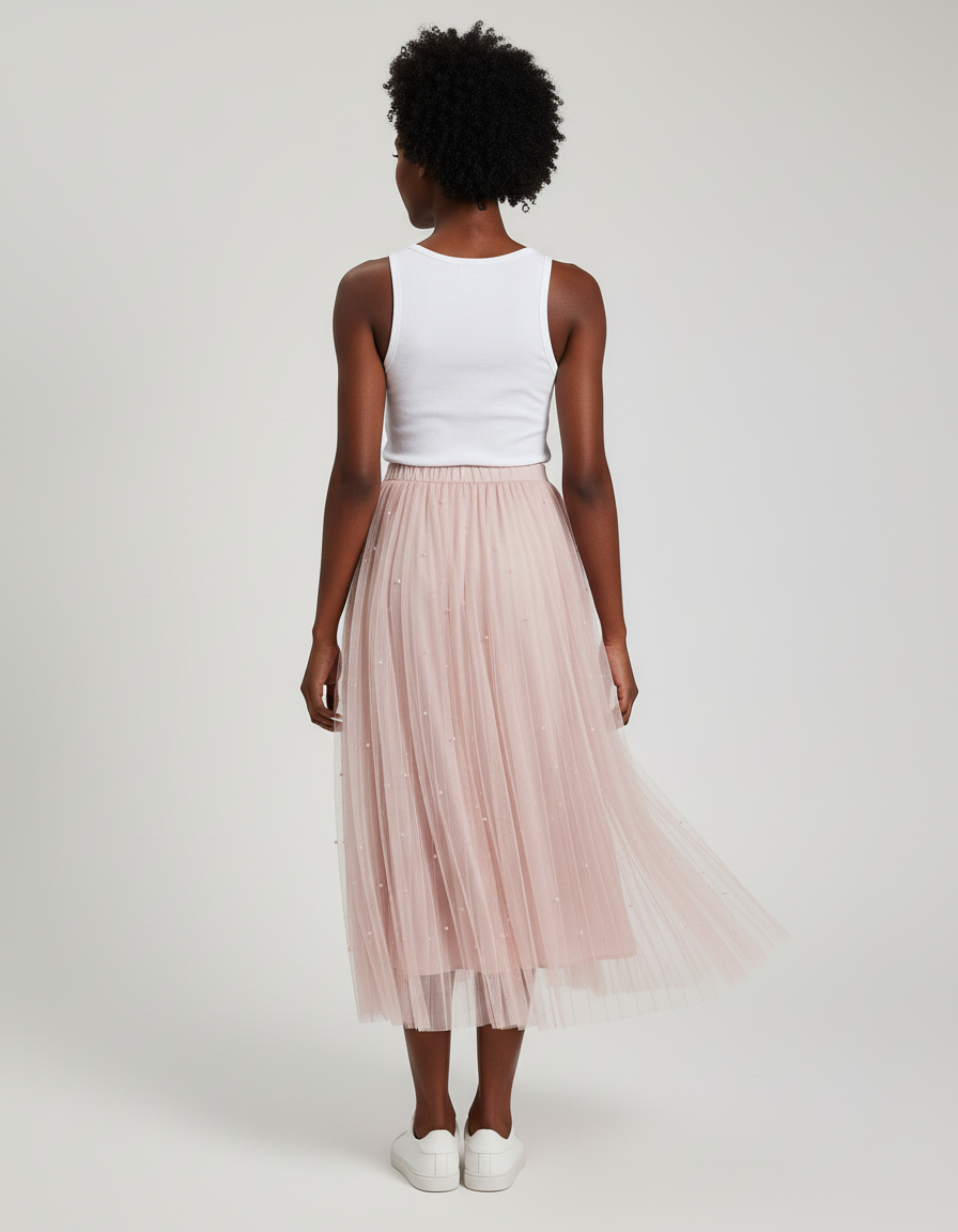 Jupe Longue Tulle Rose Perles Élégante