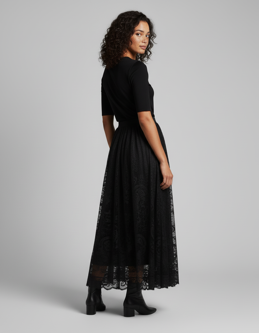 Jupe Longue Noire Brodée Élégante Chic