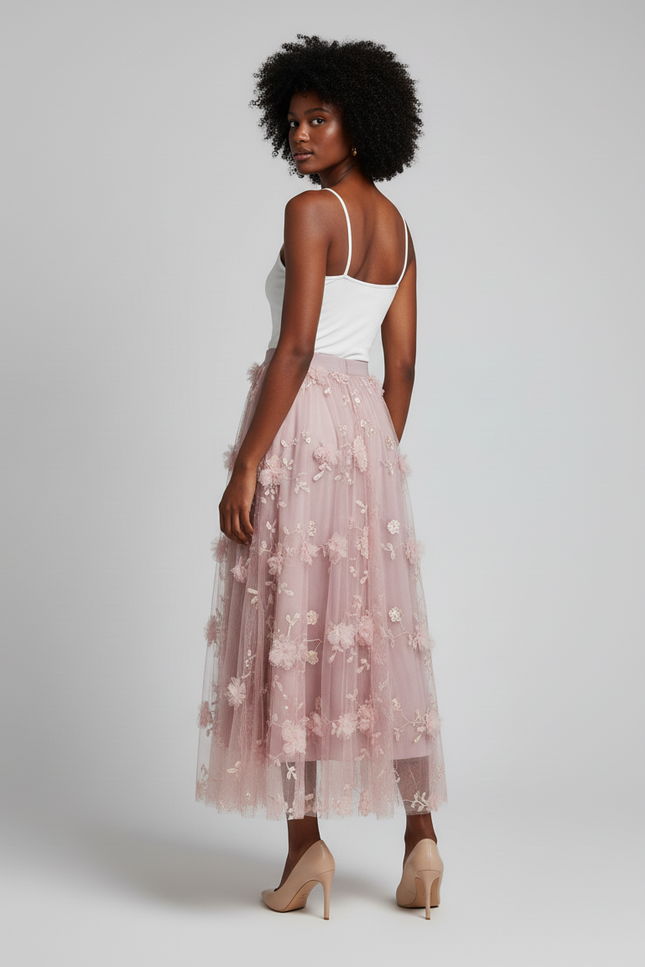 Jupe Longue Rose Poudré Fleurs 3D Élégante