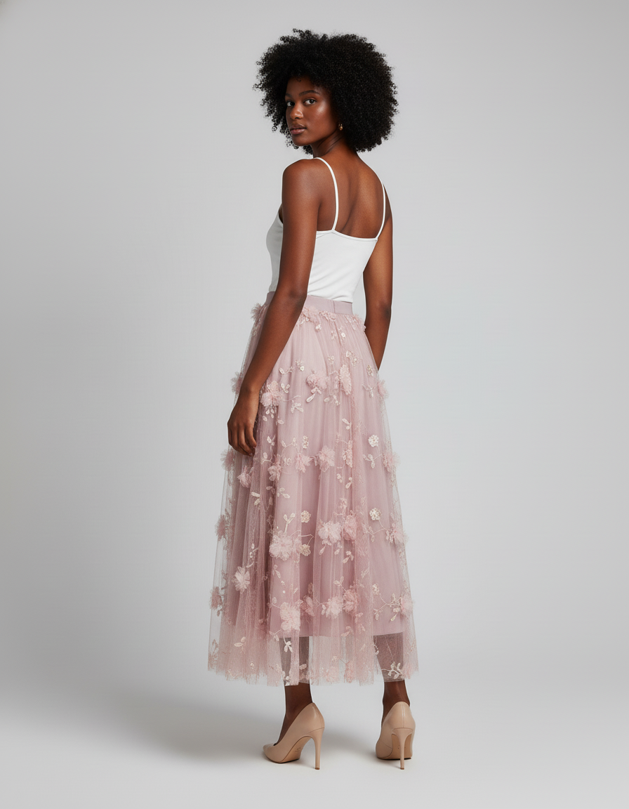 Jupe Longue Rose Poudré Fleurs 3D Élégante