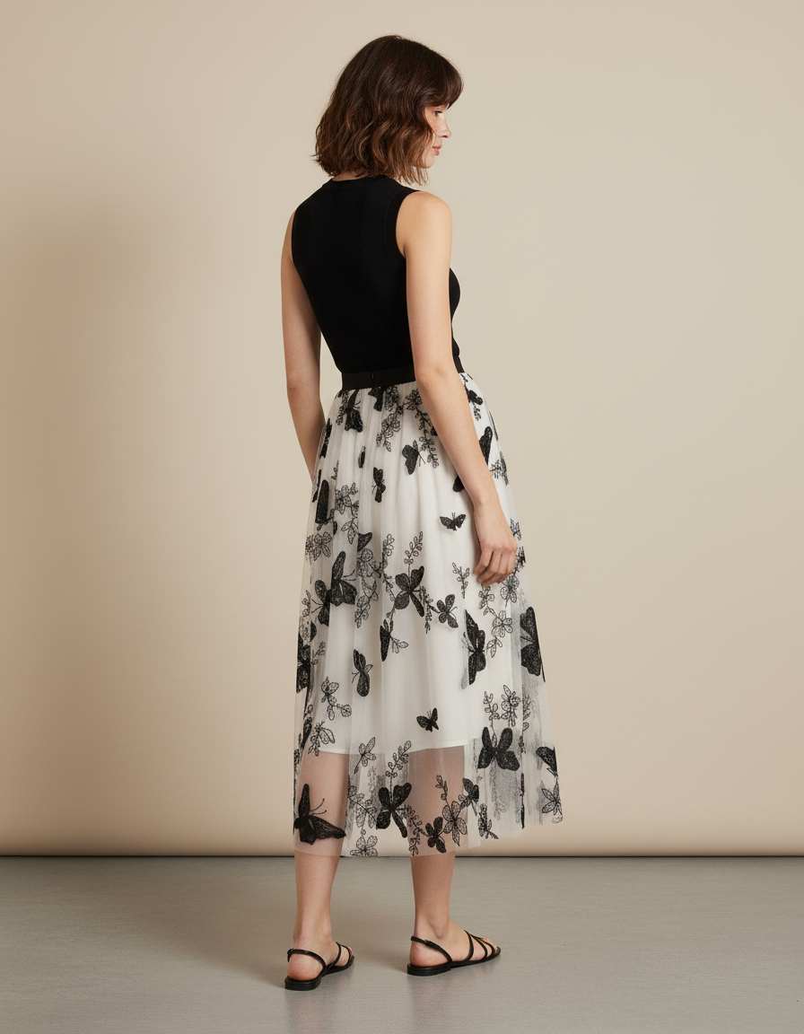 Jupe Longue Broderie Papillons Élégante