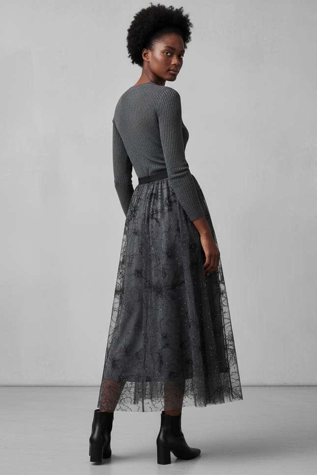 Jupe Longue Tulle Brodée Élégante