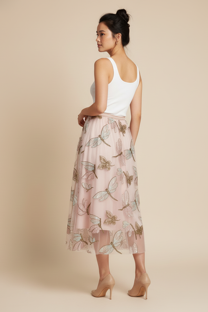 Jupe Longue Rose Brodée Élégante