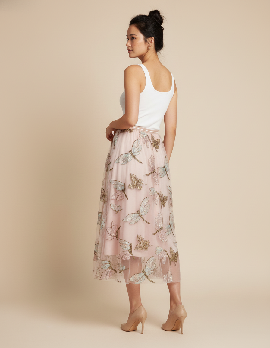 Jupe Longue Rose Brodée Élégante