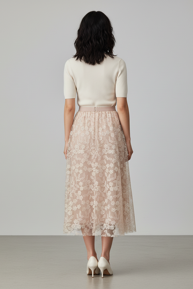 Jupe Longue Brodée Florale Élégante Femme