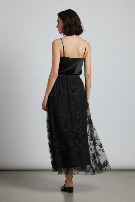 Jupe Longue Tulle Brodée Noire Élégante