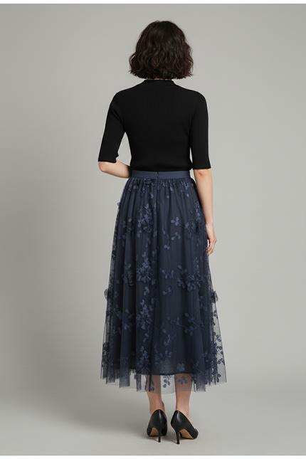 Jupe Longue Bleu Marine Fleurie