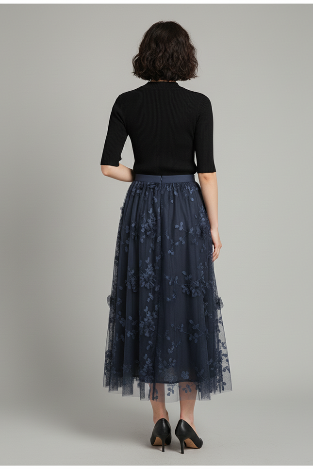 Jupe Longue Bleu Marine Fleurie