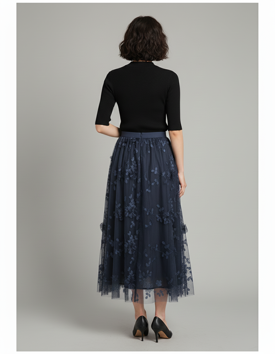 Jupe Longue Bleu Marine Fleurie