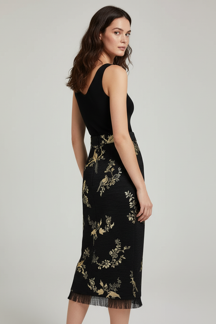 Jupe Longue Noire Motifs Oiseaux Élégante